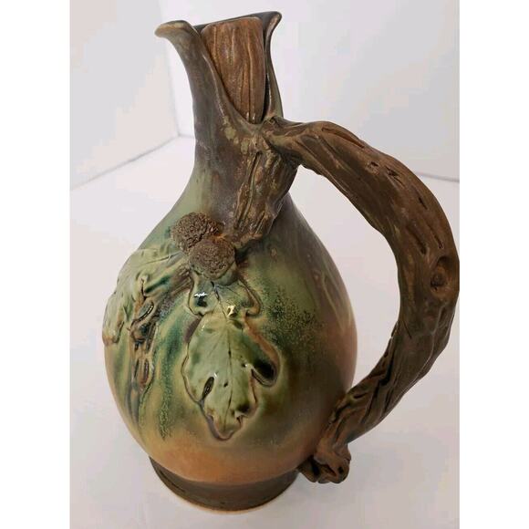 Vintage Artisan Pottery Ewer Jug w/ Stopper Oak Leaves Acorn Twig Fall Signed - Picture 2 of 14
